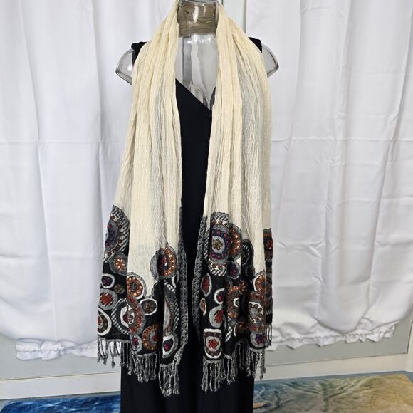 Tolani Hand Embroidered Wool Scarf 74x27" - Picture 4 of 10
